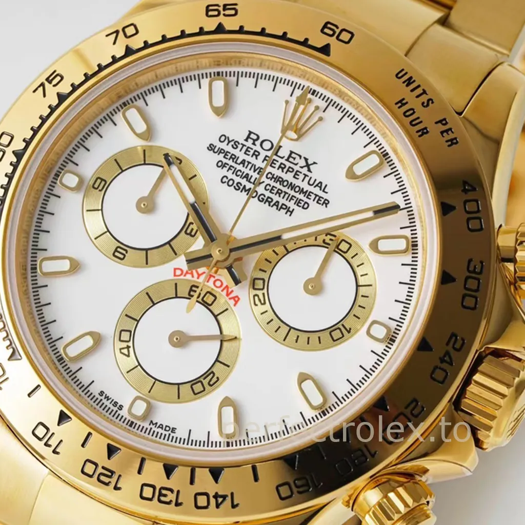 Rolex Daytona 116508 40mm yellow gold chronograph watch with white dial, gold subdials, tachymeter bezel, and Oyster bracelet close-up