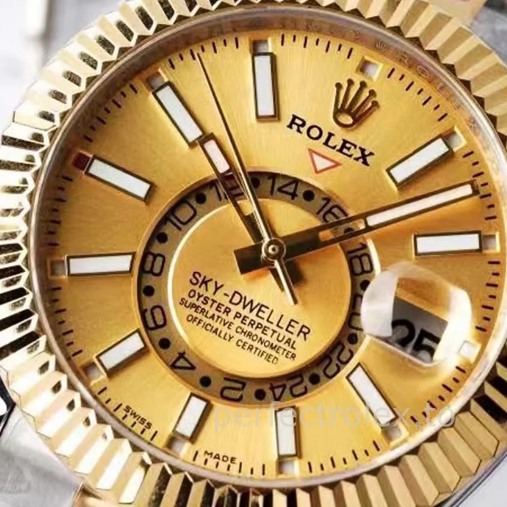 Rolex Sky-Dweller watch with a champagne dial, fluted gold bezel, dual-time 24-hour ring, luminous markers, and magnified date window.