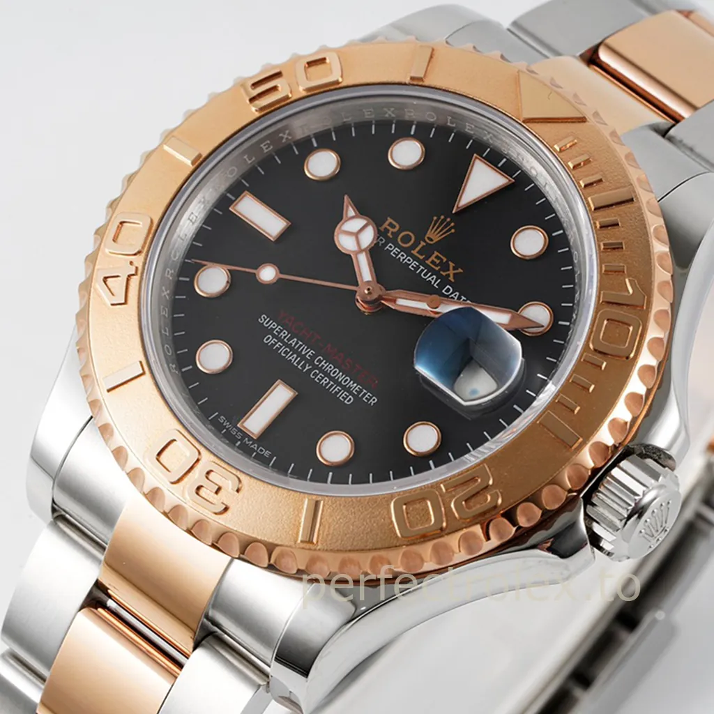 Rolex Yacht-Master 40 two-tone rose gold and stainless steel watch with black dial, date window, and rotating bezel.