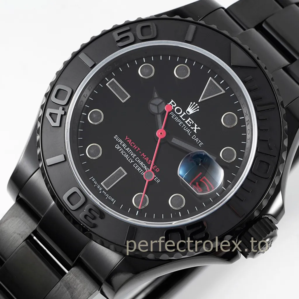 Custom black Rolex Yacht-Master watch with red accents, rotating bezel, luminous hour markers, Oyster bracelet, and magnified date display.