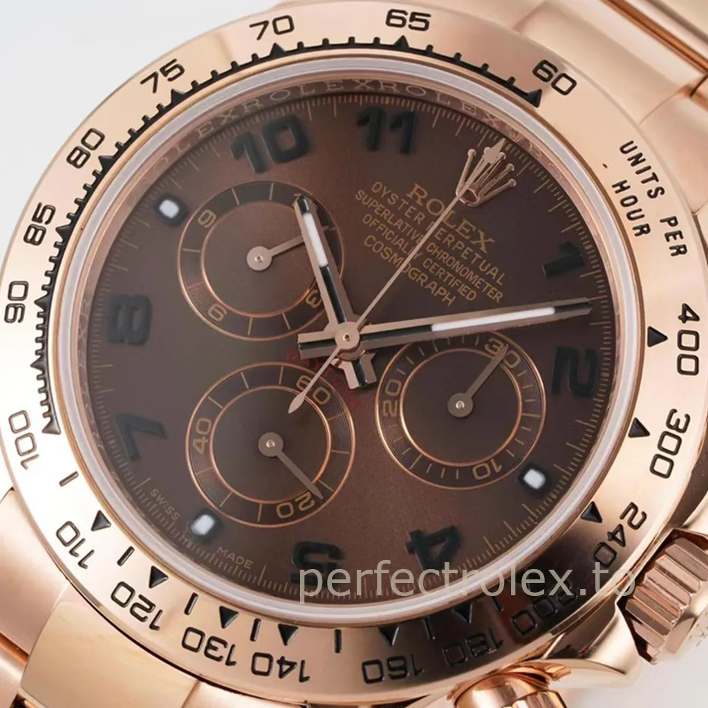 Close-up of a Rolex Cosmograph Daytona 116505 in 18K Everose gold, featuring a chocolate brown Arabic numeral dial, three chronograph subdials, and an engraved tachymeter bezel.