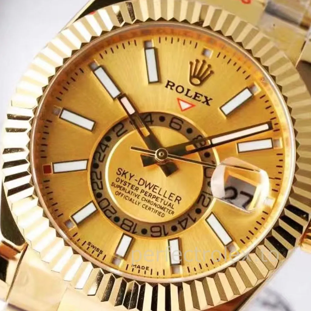 Rolex Sky-Dweller watch with a champagne gold dial, fluted bezel, 24-hour dual-time ring, luminous hour markers, and magnified date window.