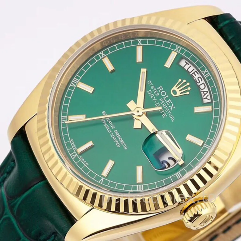 Rolex Day-Date watch with a green dial, yellow-gold fluted bezel, day and date display, and matching green leather strap.