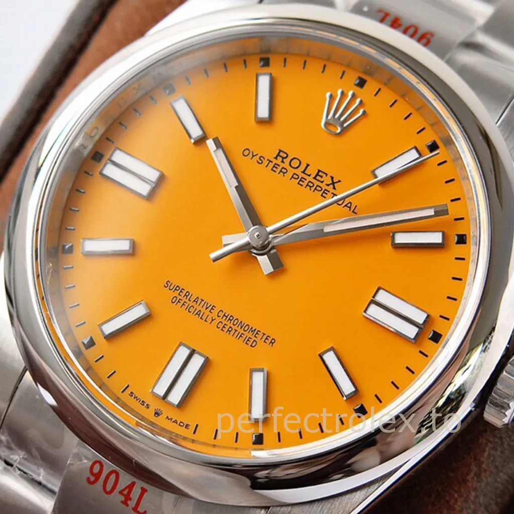 Rolex Oyster Perpetual watch featuring a vibrant orange dial, luminous baton hour markers, polished steel case, and classic three-hand design.