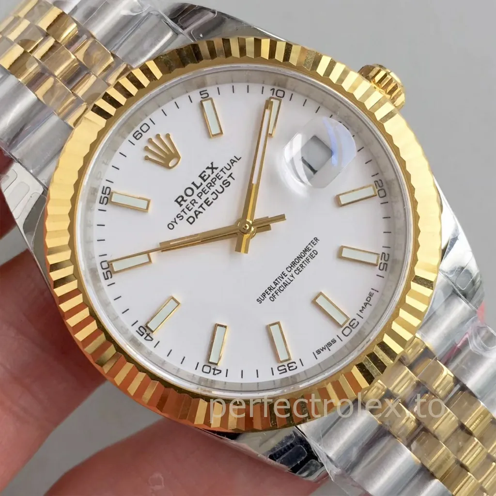 Rolex Datejust 41 126333 two-tone watch with white dial, gold fluted bezel, Jubilee bracelet, and date magnifier.