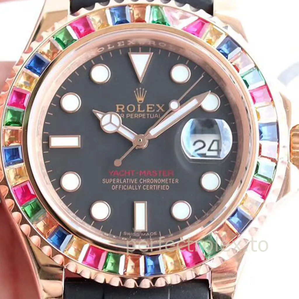Rolex Yacht-Master watch with a rose-gold case, black dial, rainbow gemstone bezel, Cyclops date display, and black rubber strap.