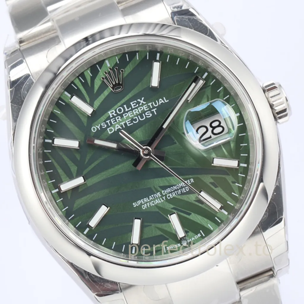 Rolex Datejust 36 Ref. 126200 with green palm motif dial, Oystersteel case, smooth bezel, baton hour markers, and Cyclops date display.