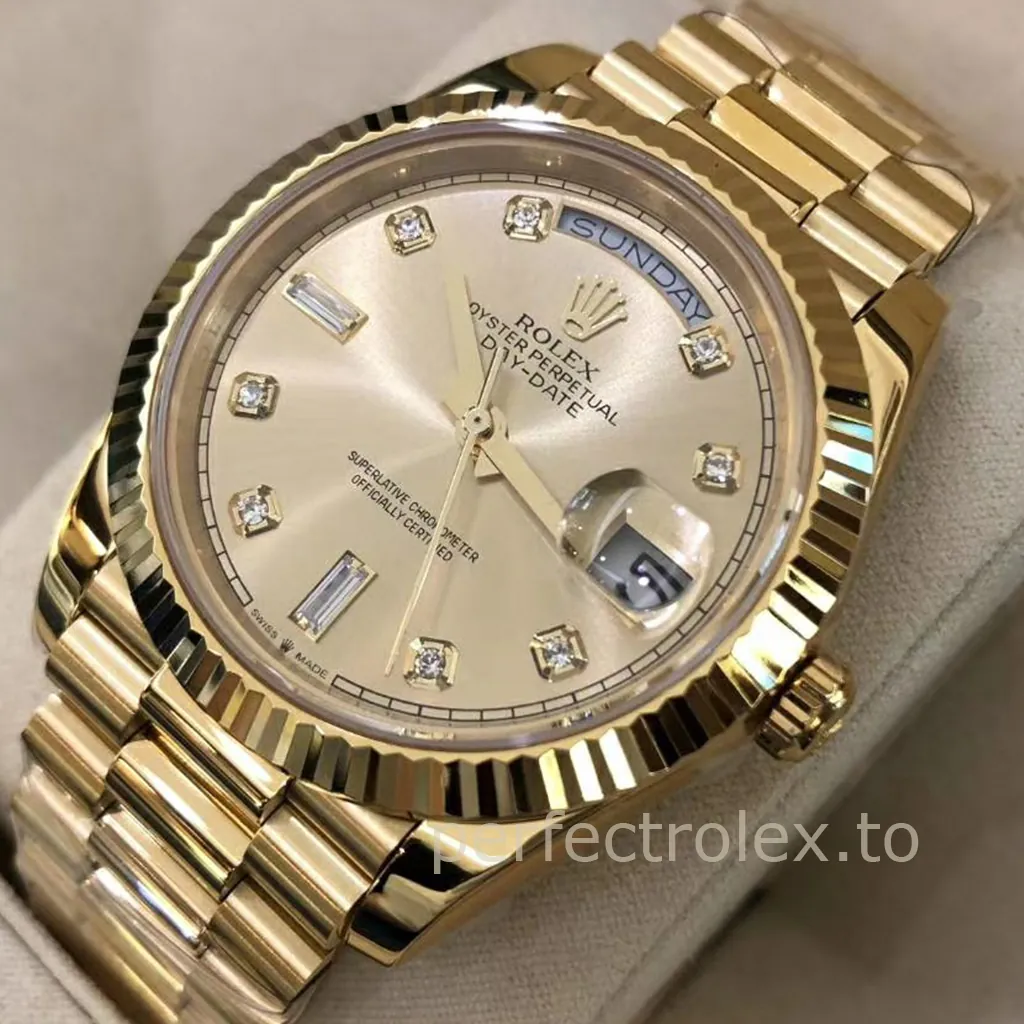 Rolex Oyster Perpetual Day-Date in yellow gold with a champagne diamond-set dial, fluted bezel, President bracelet, and day-date display.