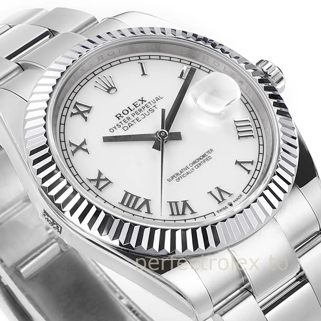 Rolex Datejust watch with white Roman numeral dial, fluted bezel, Oyster bracelet, and Cyclops date display.