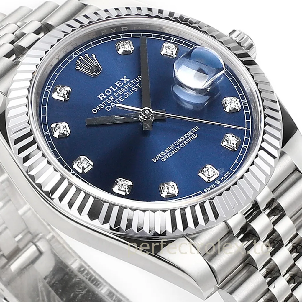 Rolex Datejust with blue diamond-set dial, fluted bezel, Cyclops date lens, and stainless steel Jubilee bracelet.