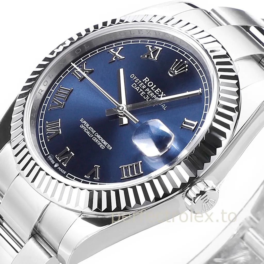 Rolex Datejust watch with blue Roman numeral dial, fluted bezel, Oyster bracelet, and Cyclops date display.