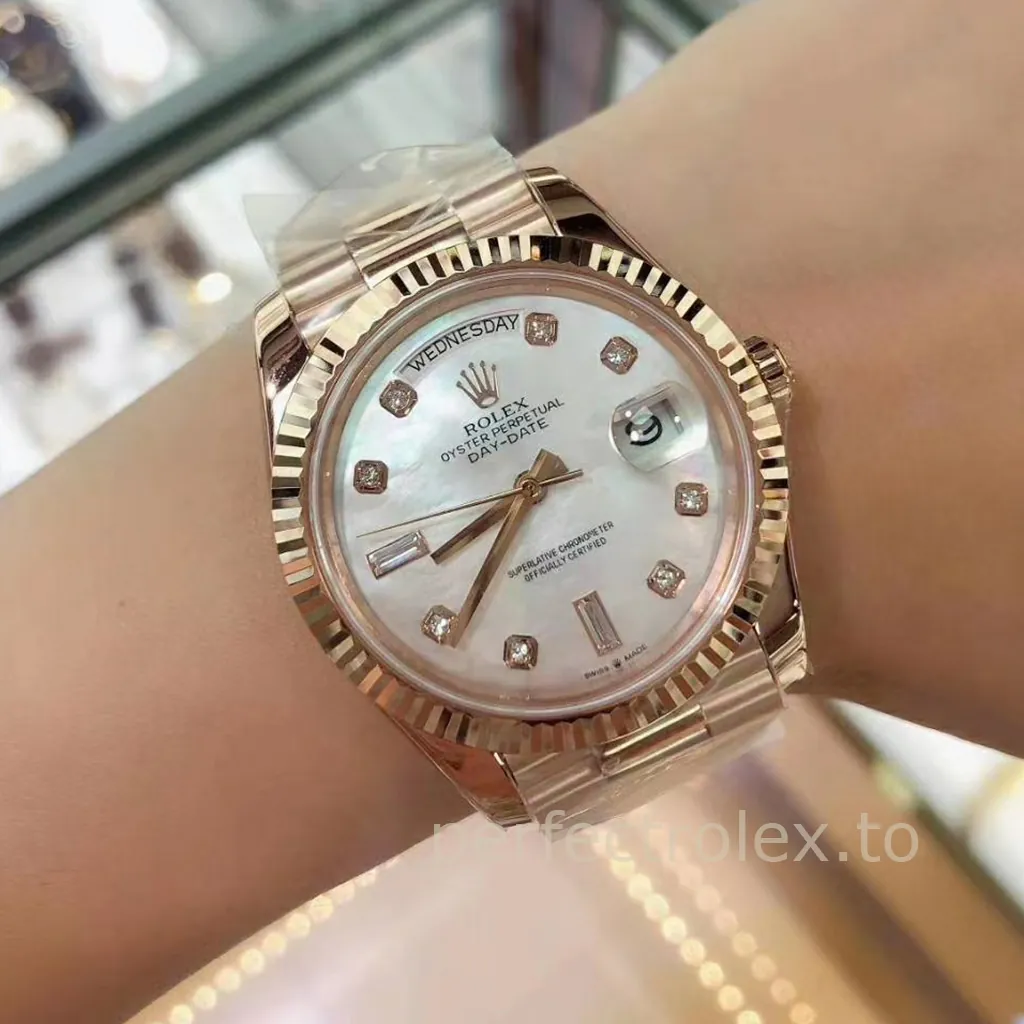 Rolex Oyster Perpetual Day-Date in rose gold with a white mother-of-pearl diamond dial, fluted bezel, President bracelet, and day-date display.