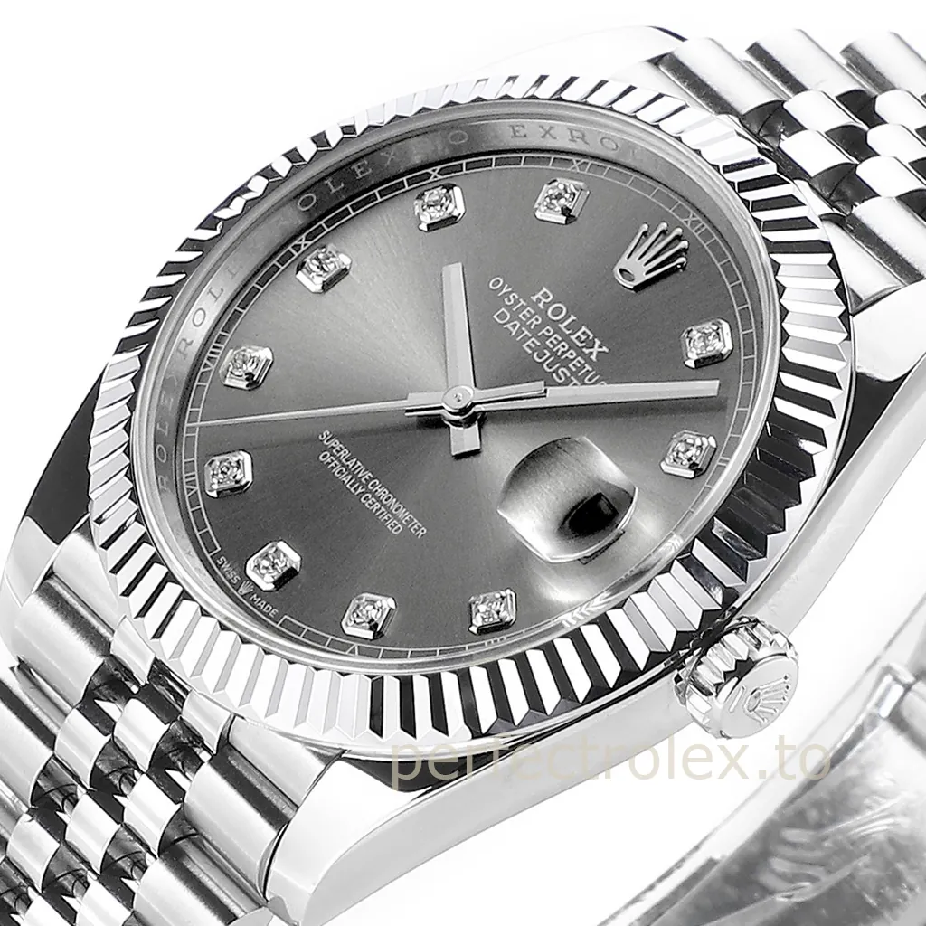 Rolex Datejust with silver diamond-set dial, fluted bezel, Cyclops date lens, and stainless steel Jubilee bracelet.