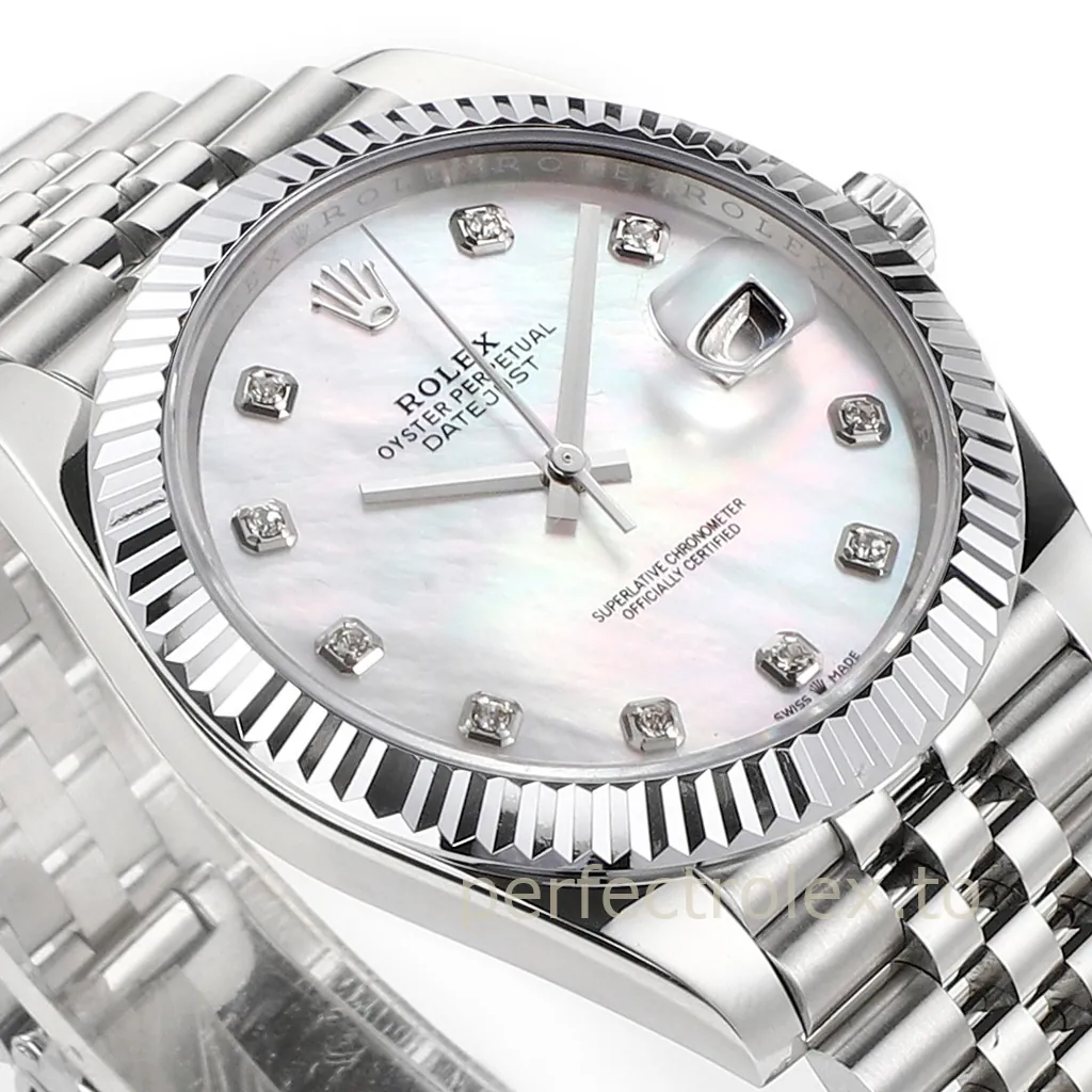 Rolex Datejust watch with mother-of-pearl diamond dial, fluted bezel, Jubilee bracelet, and Cyclops date display.