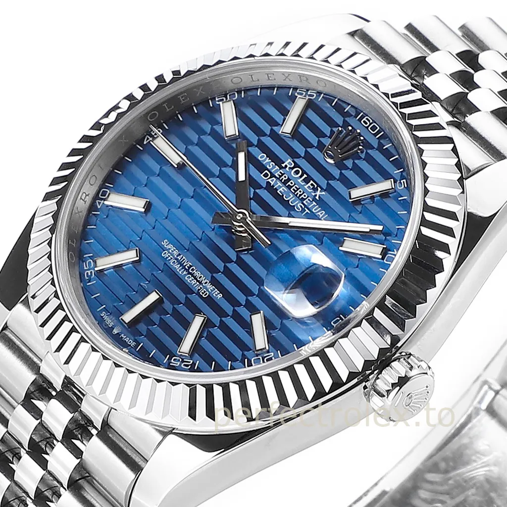 Rolex Datejust 41 with blue fluted motif dial, stainless steel Jubilee bracelet, fluted bezel, and Cyclops date window.