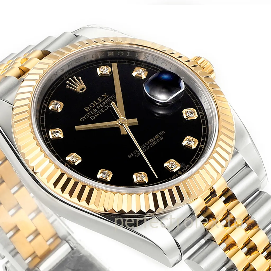 Rolex Oyster Perpetual Datejust two-tone watch with black diamond dial, fluted gold bezel, date display and Jubilee bracelet.
