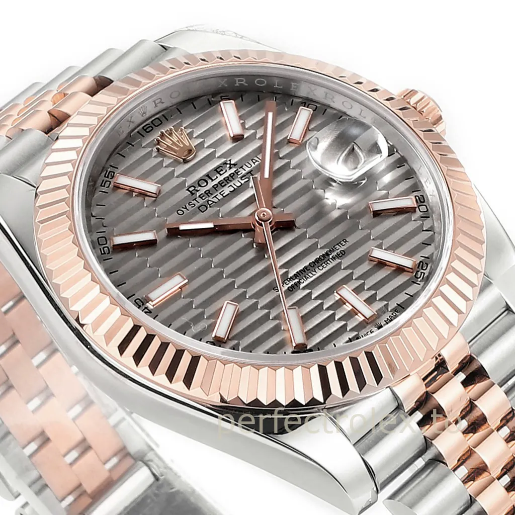 Rolex Datejust 41 two-tone watch with Grey motif dial, Everose gold fluted bezel, Cyclops date display, and Jubilee bracelet.