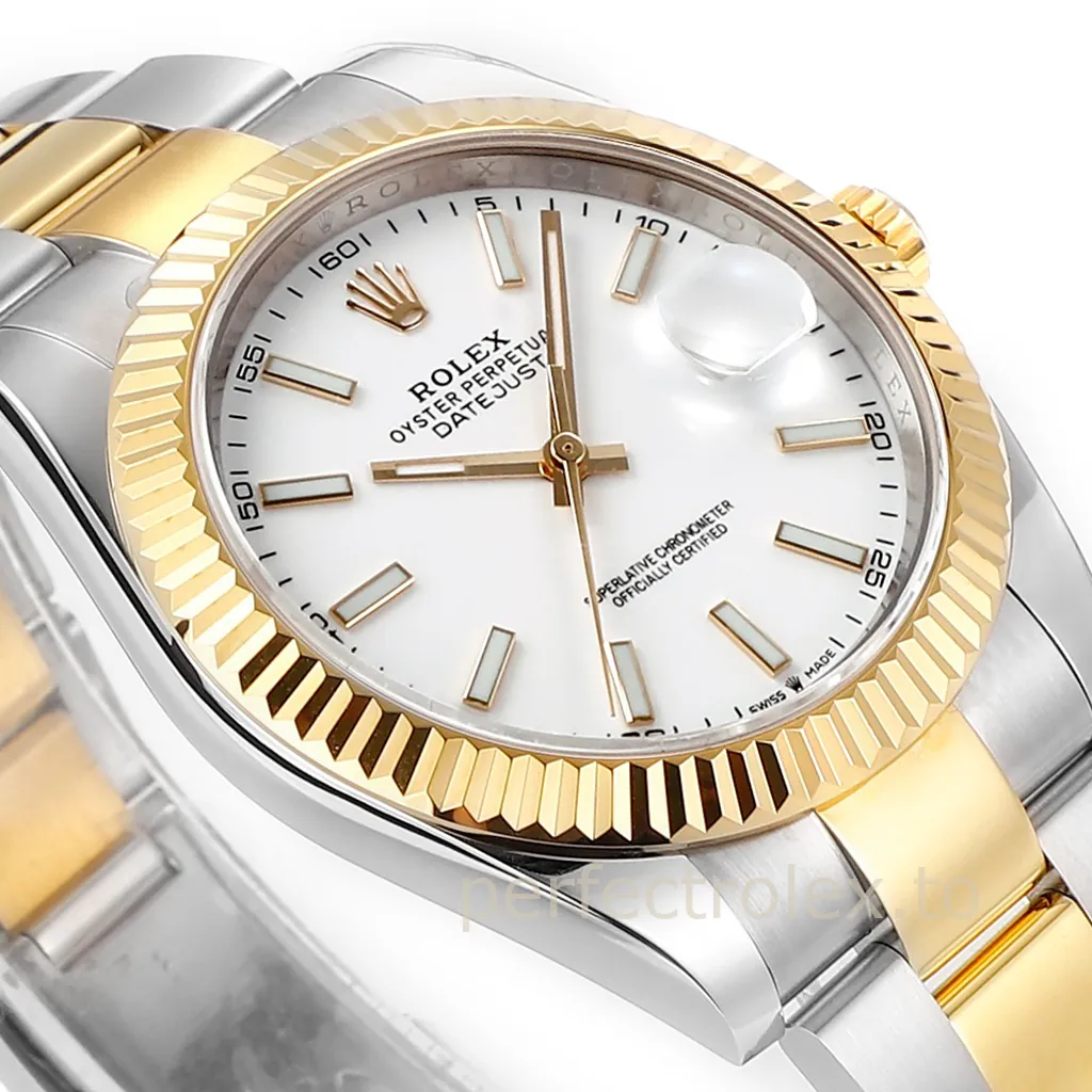 Rolex Datejust 41 two-tone watch with white dial, gold fluted bezel, Cyclops date display, and Oyster bracelet.