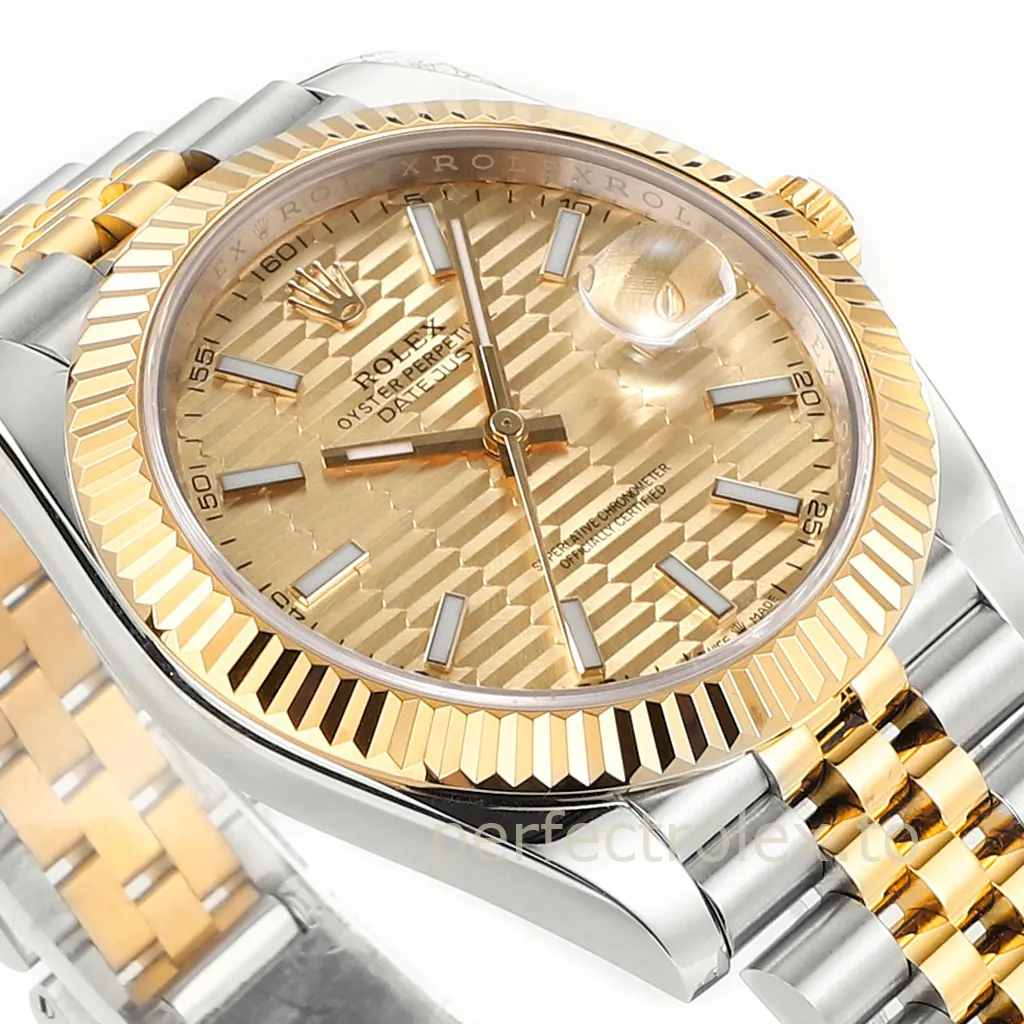 Rolex Datejust 41 two-tone watch with champagne motif dial, gold fluted bezel, Cyclops date display, and Jubilee bracelet.