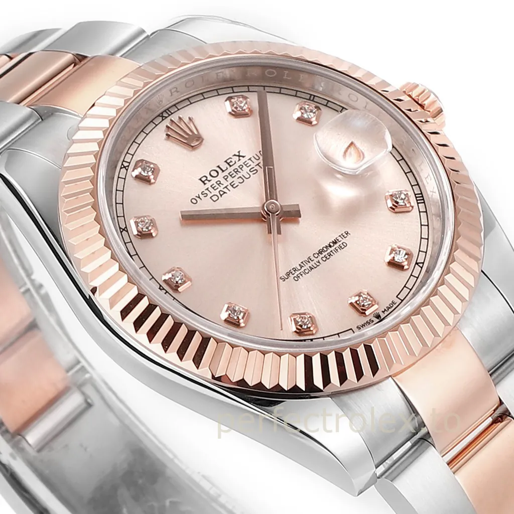 Rolex Datejust 41 two-tone watch with pink diamond dial, Everose gold fluted bezel, Cyclops date display, and Oyster bracelet.