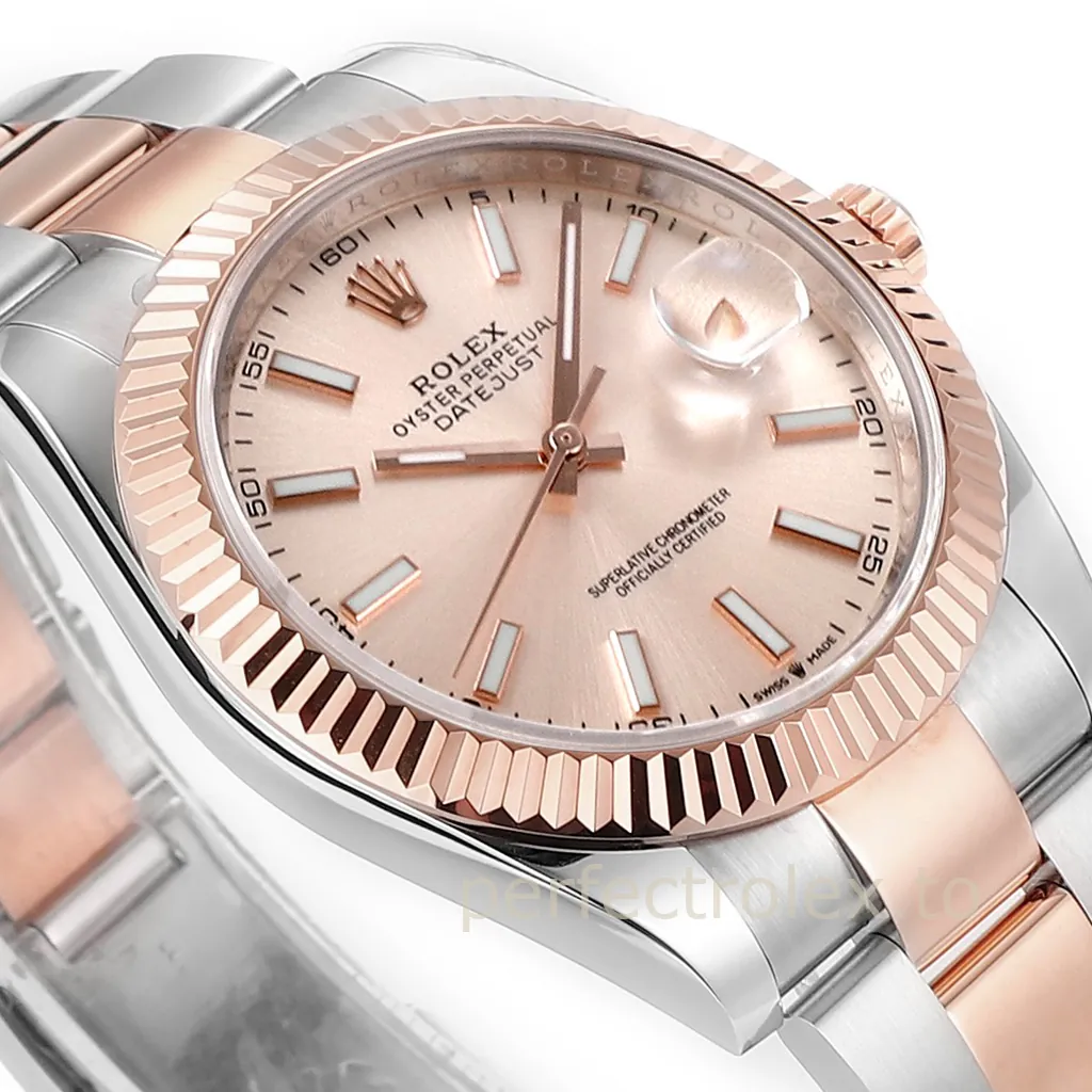 Rolex Datejust 41 two-tone watch with pink dial, Everose gold fluted bezel, Cyclops date display, and Oyster bracelet.