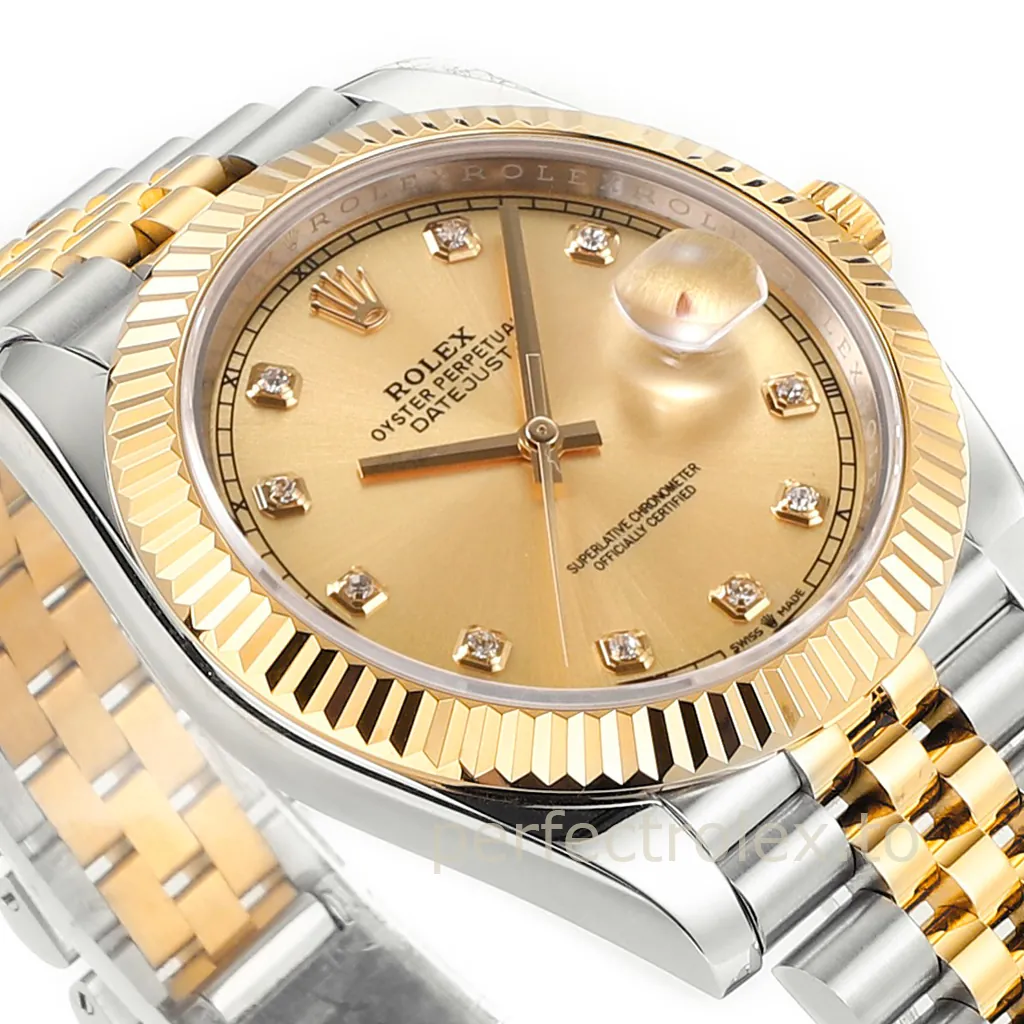 Rolex Oyster Perpetual Datejust two-tone watch with champagne diamond dial, fluted gold bezel, Jubilee bracelet, and date magnifier.