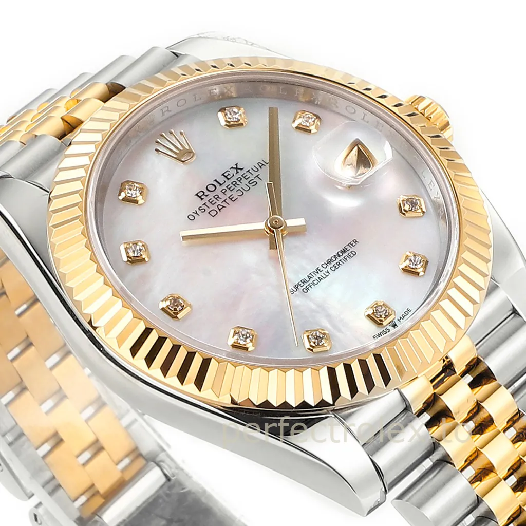 Rolex Datejust 41 Ref. 126333-0018 two-tone watch with white mother-of-pearl diamond dial, gold fluted bezel, Cyclops date display, and Jubilee bracelet.