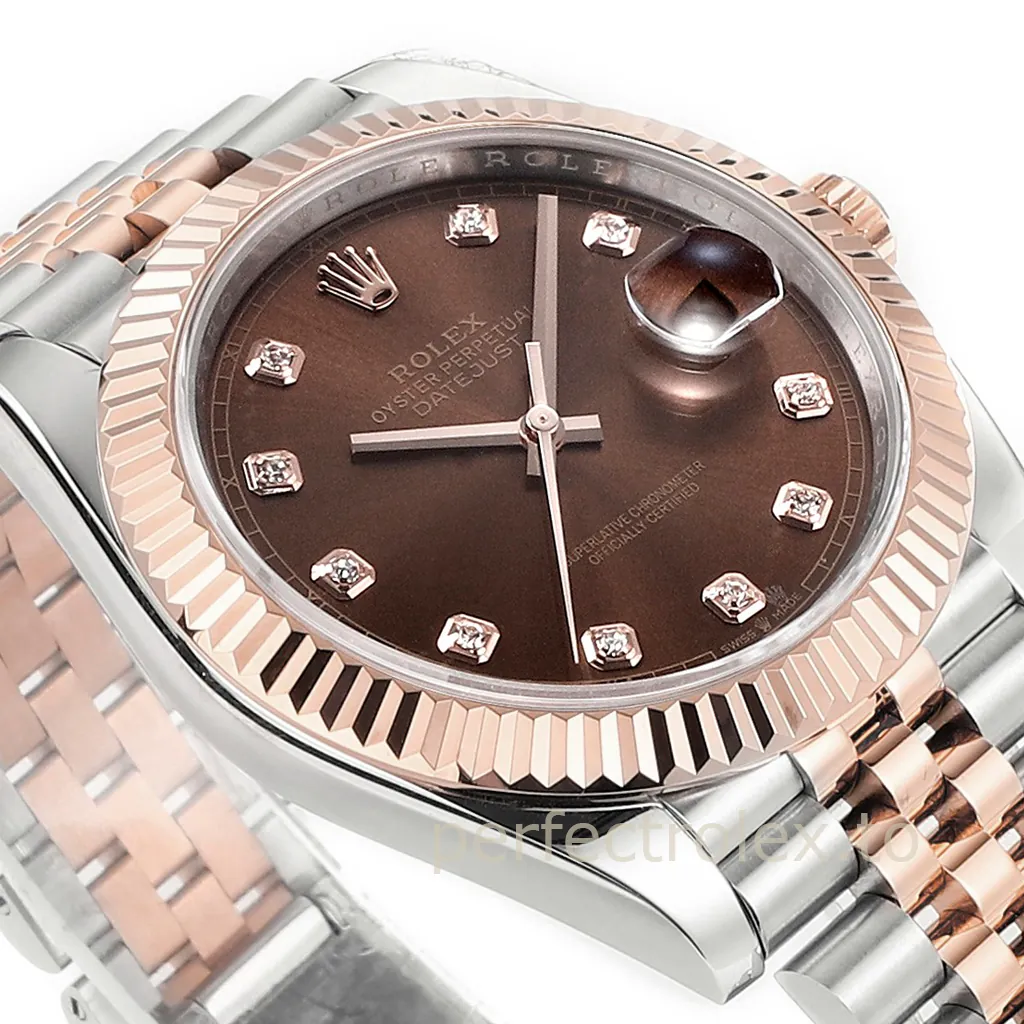 Rolex Datejust two-tone Everose gold and stainless steel watch with a chocolate diamond dial, fluted bezel, Jubilee bracelet, and date magnifier.