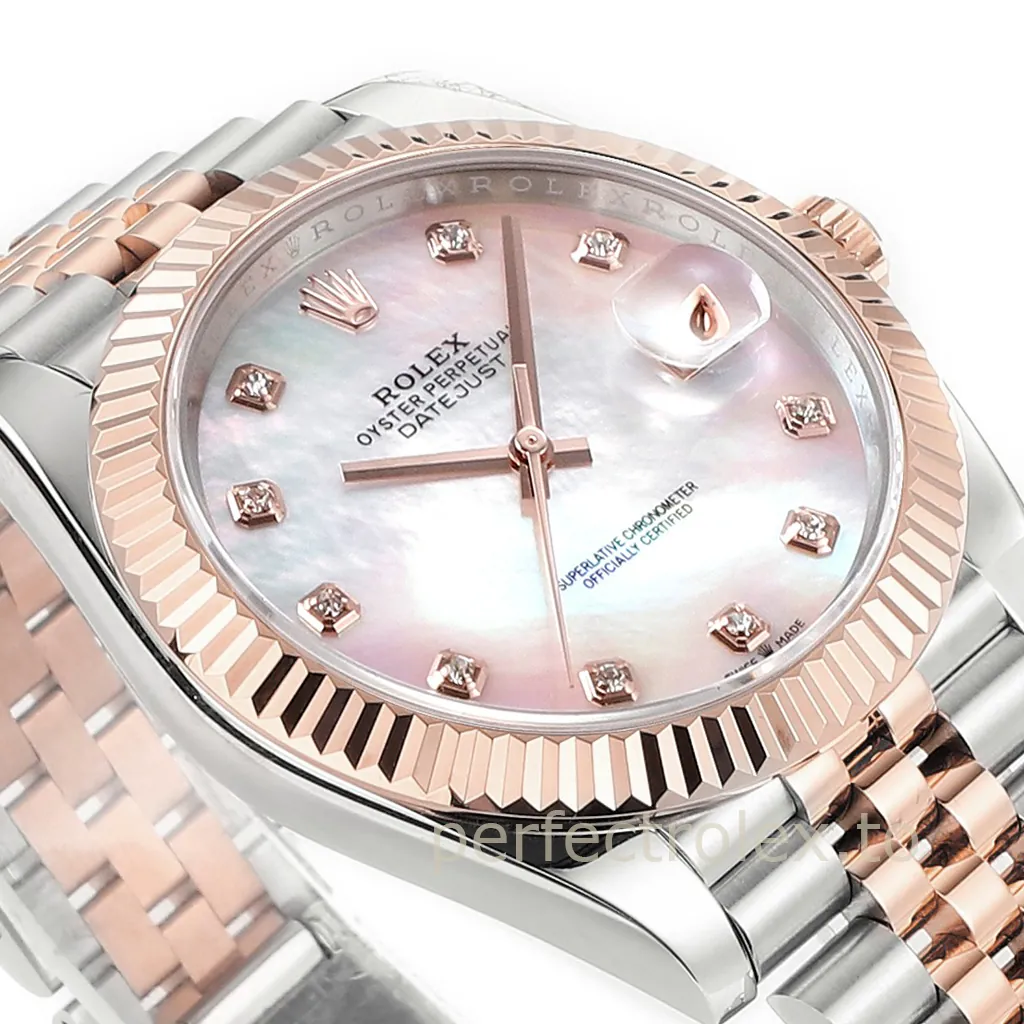 Rolex Datejust two-tone Everose gold and stainless steel watch with a pink mother-of-pearl diamond dial, fluted bezel, Jubilee bracelet, and date magnifier.