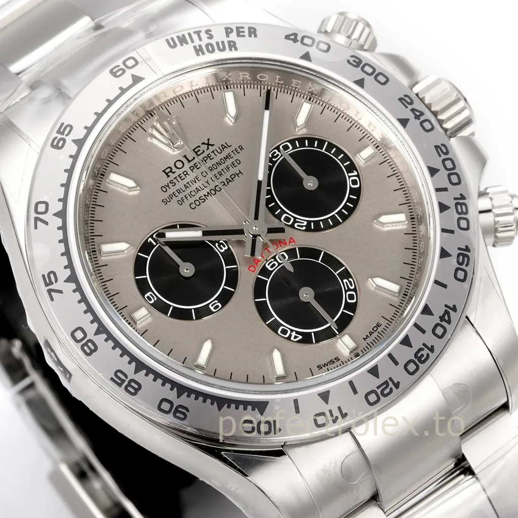 Rolex Cosmograph Daytona stainless steel chronograph with a grey dial, black subdials, luminous hour markers and engraved tachymeter bezel.