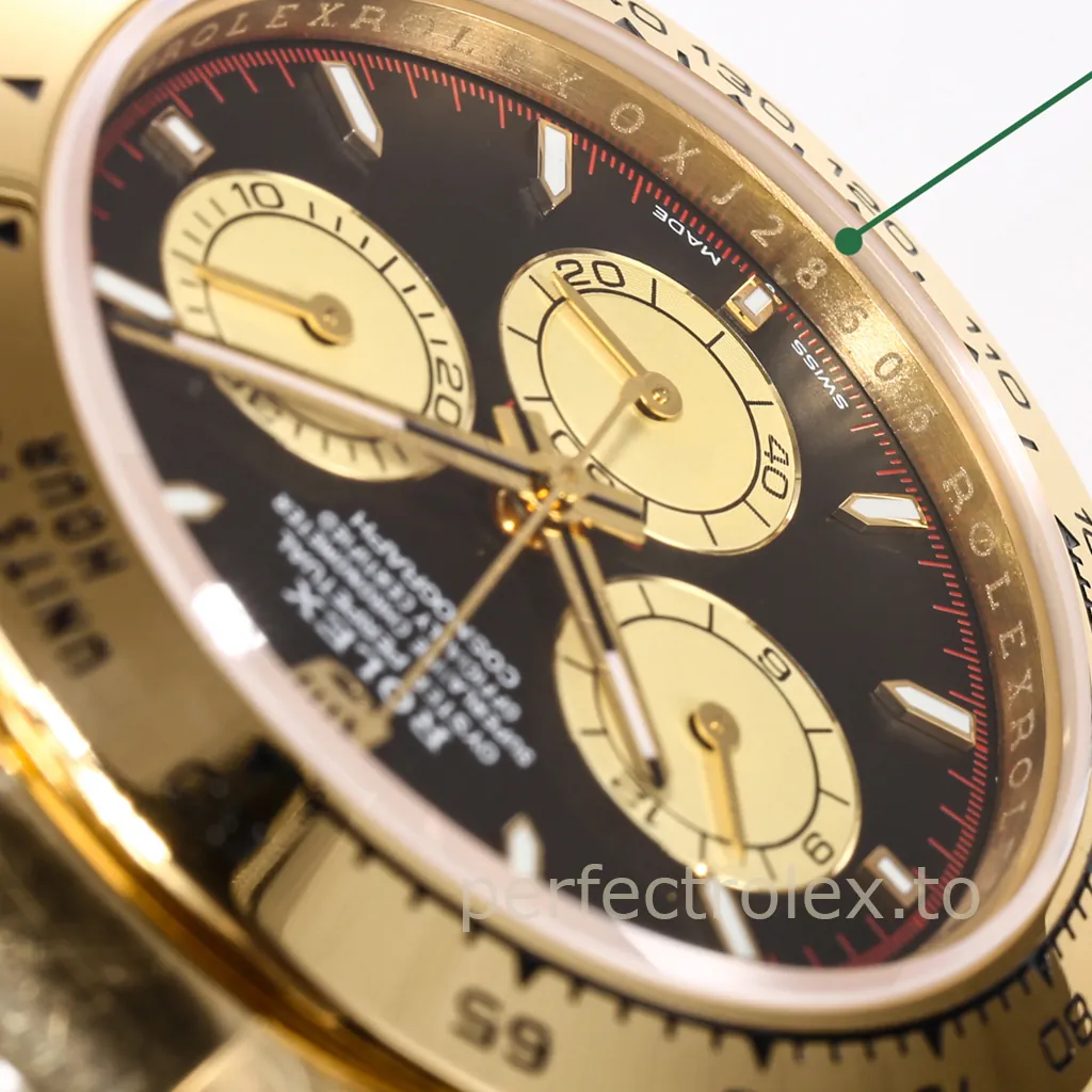 Rolex Cosmograph Daytona yellow gold watch with a black dial, champagne chronograph subdials, luminous hour markers and engraved tachymeter bezel.