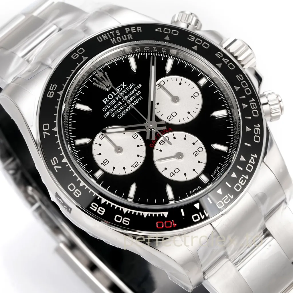 Rolex Cosmograph Daytona stainless steel chronograph with a black dial, silver subdials, luminous hour markers and black ceramic tachymeter bezel.