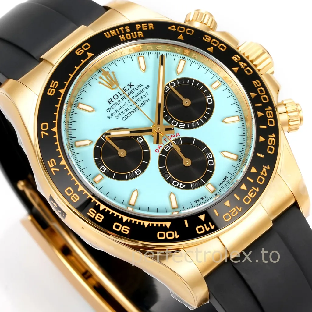 Rolex Cosmograph Daytona yellow gold chronograph with a turquoise dial, black subdials, black ceramic tachymeter bezel and Oysterflex strap.