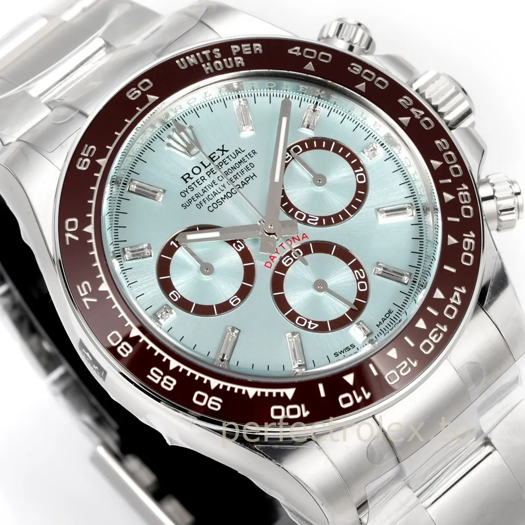 Rolex Cosmograph Daytona platinum chronograph with an ice-blue dial, brown ceramic tachymeter bezel, diamond hour markers and matching brown subdials.