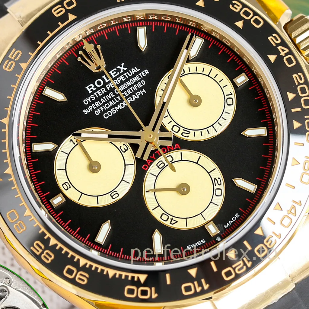 Rolex Cosmograph Daytona yellow gold chronograph with a black dial, champagne subdials, luminous hour markers and black tachymeter bezel.