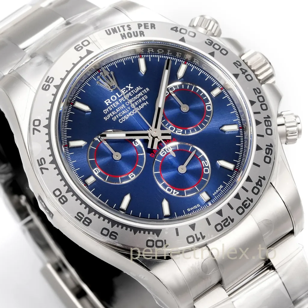 Rolex Cosmograph Daytona stainless steel chronograph with a blue dial, red-accented subdials, luminous hour markers and engraved tachymeter bezel.