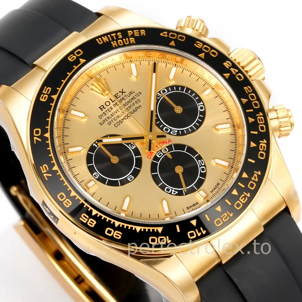 Rolex Cosmograph Daytona yellow gold watch with a champagne dial, black chronograph subdials, ceramic tachymeter bezel, and Oysterflex strap.
