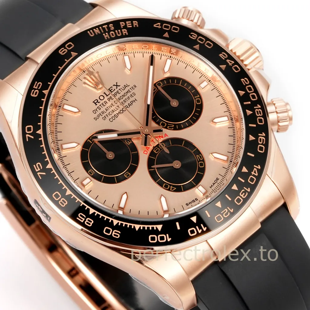 Rolex Cosmograph Daytona Everose gold watch with a Sundust dial, black chronograph counters, ceramic tachymeter bezel, and Oysterflex strap.