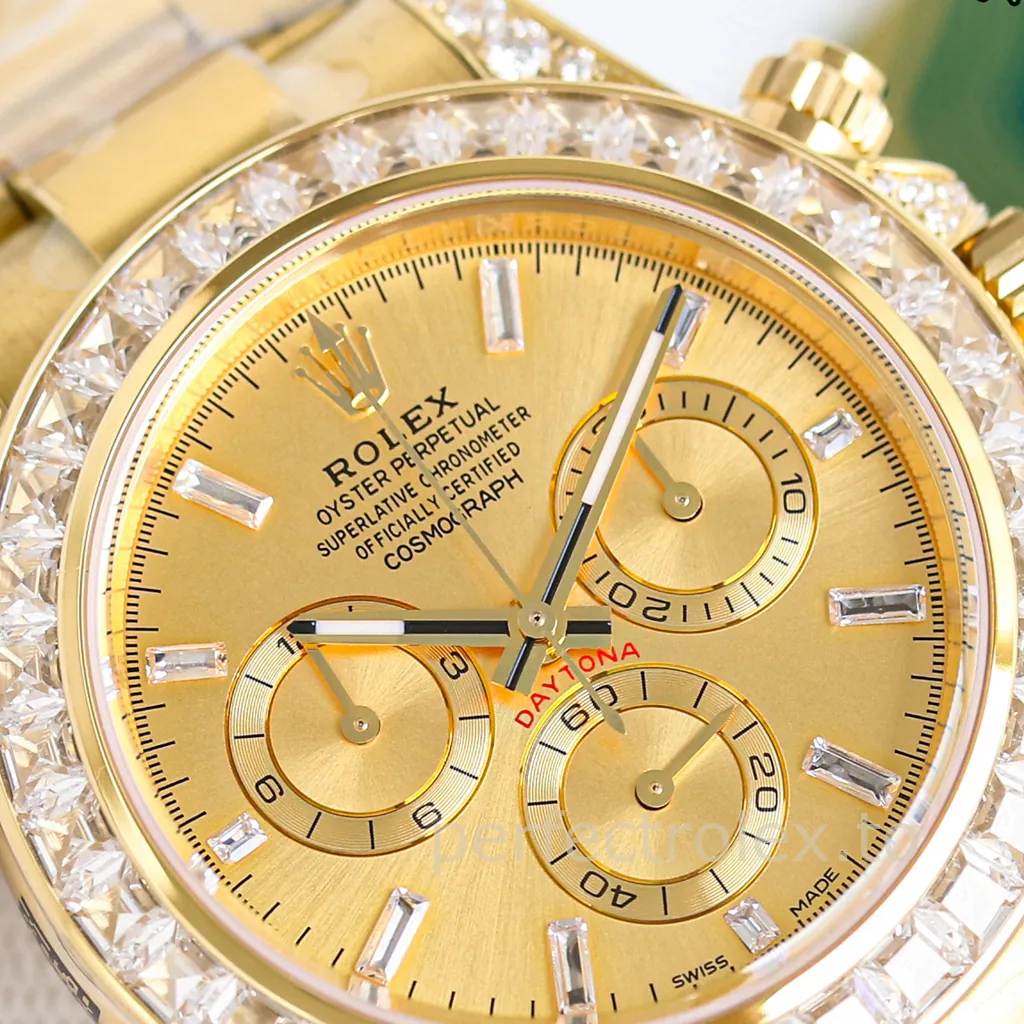 Rolex Cosmograph Daytona in yellow gold with a champagne dial, diamond-set bezel, baguette hour markers, and three chronograph subdials.