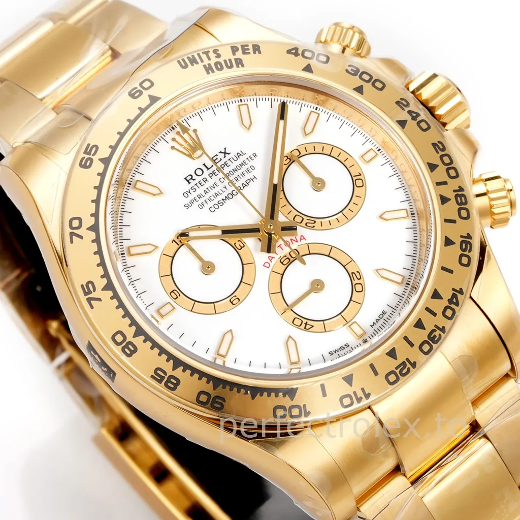 Rolex Cosmograph Daytona 18K yellow gold chronograph watch with a white dial, gold subdials, tachymeter bezel, and Oyster bracelet.