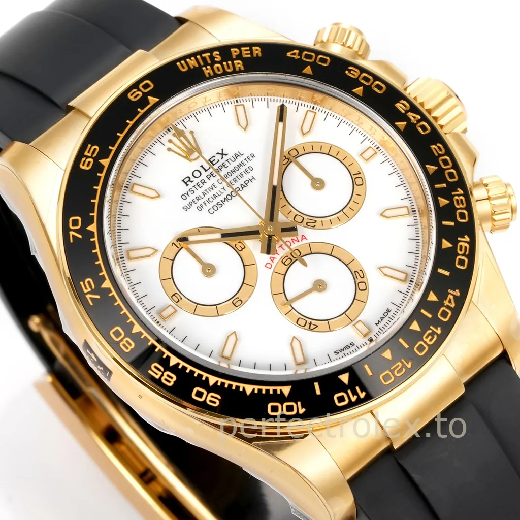 Rolex Cosmograph Daytona yellow gold watch with a white chronograph dial, black ceramic tachymeter bezel, and black Oysterflex strap.