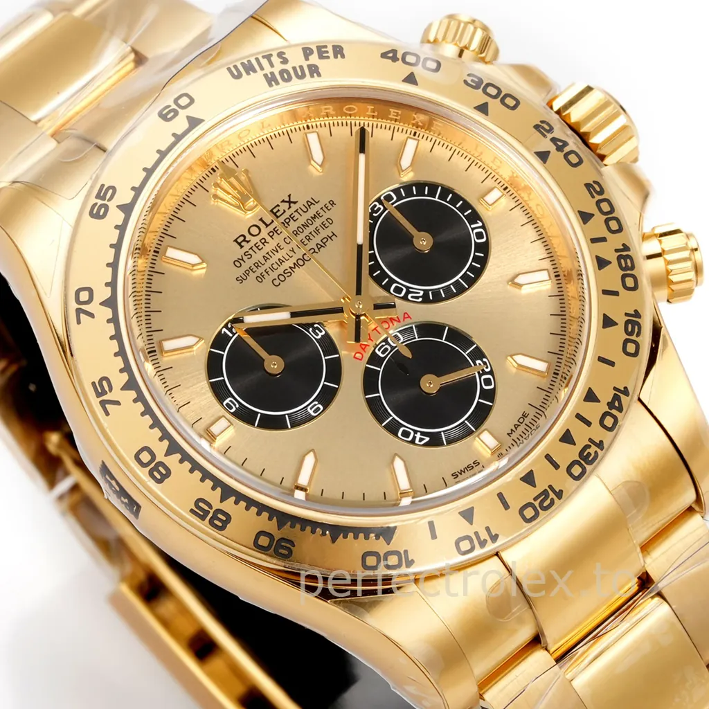 Rolex Cosmograph Daytona yellow gold watch with a champagne dial, black chronograph subdials, engraved tachymeter bezel, and gold Oyster bracelet.
