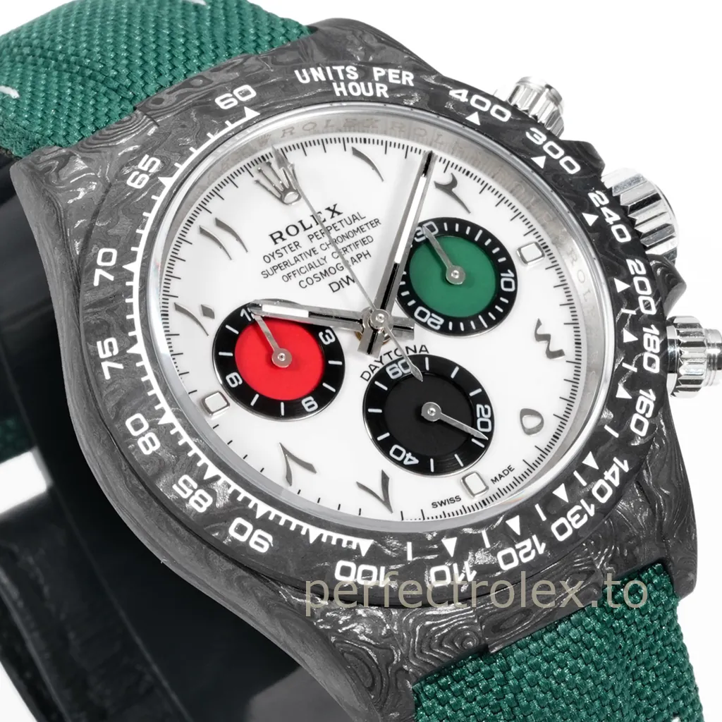 Rolex Cosmograph Daytona DIW carbon watch with white dial, red, green and black chronograph subdials, carbon tachymeter bezel, and green fabric strap.