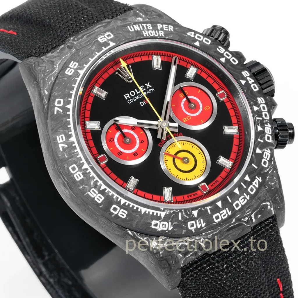 Rolex Cosmograph Daytona DIW carbon watch with black dial, red and yellow chronograph subdials, carbon tachymeter bezel, and black fabric strap.