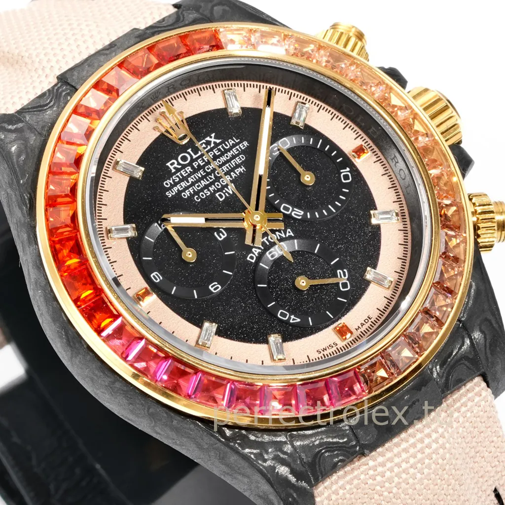Rolex Cosmograph Daytona DIW carbon watch with black dial, gold accents, black chronograph subdials, multicolor gemstone bezel, and pink fabric strap.