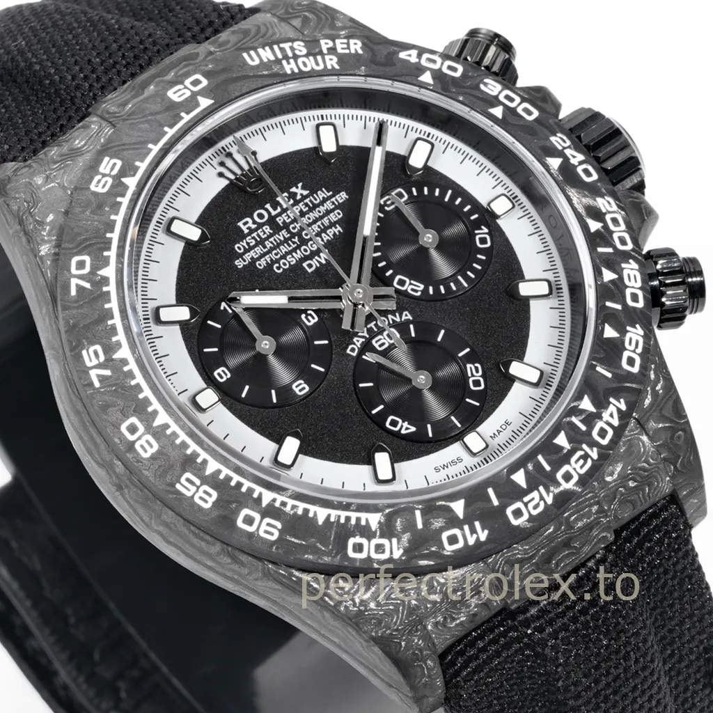 Rolex Cosmograph Daytona DIW carbon watch with black dial, white chapter ring, black chronograph subdials, carbon tachymeter bezel, and black fabric strap.
