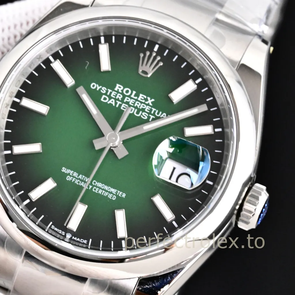 Rolex Oyster Perpetual Datejust watch with a green sunburst dial, luminous baton markers, Cyclops date window, and stainless steel case.
