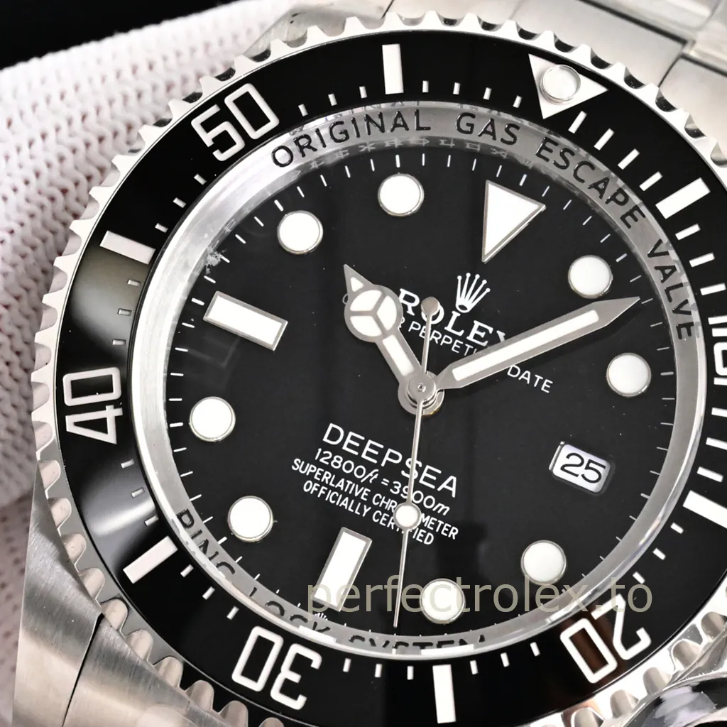Rolex Deepsea Oyster Perpetual Date dive watch with a black dial, luminous markers, ceramic bezel, and 3,900 m water resistance.