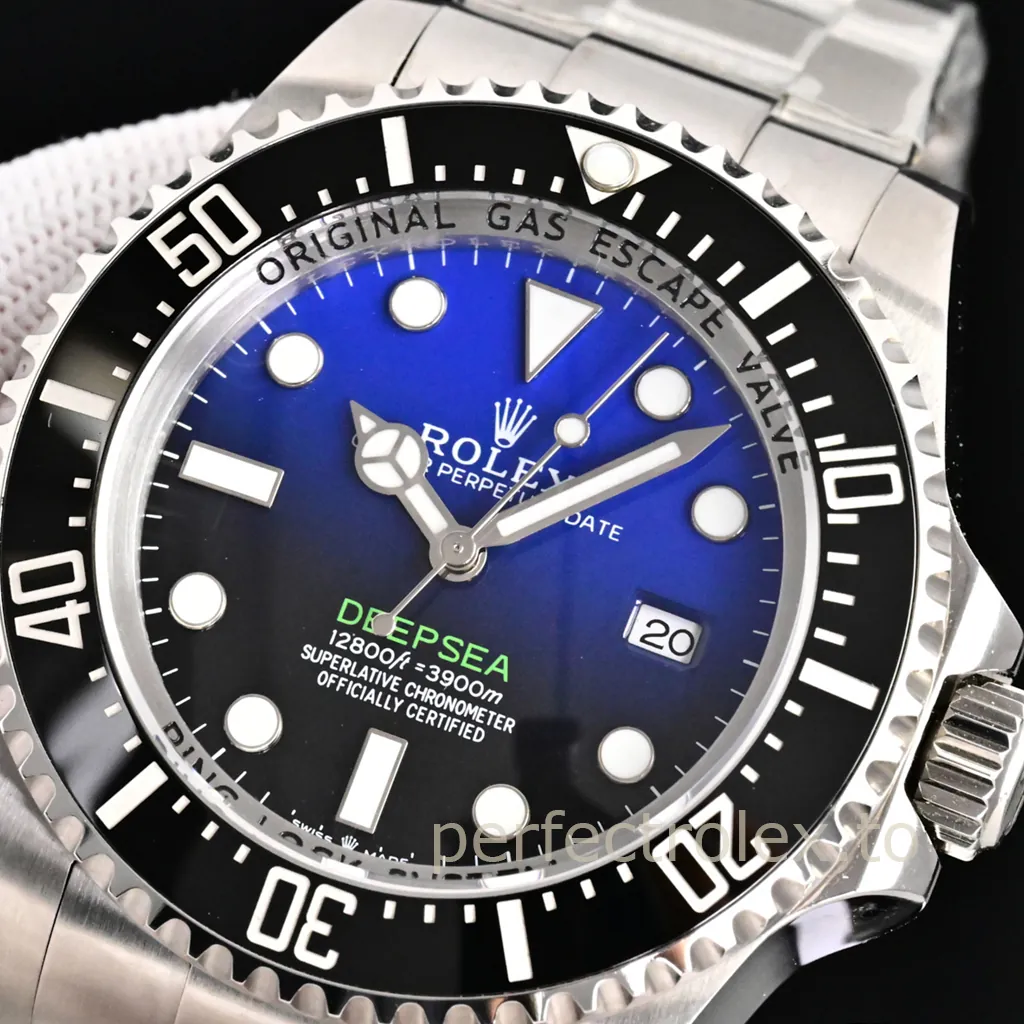Rolex Oyster Perpetual Deepsea D-Blue dive watch with a blue-to-black gradient dial, ceramic bezel, luminous markers, date window, and steel bracelet.