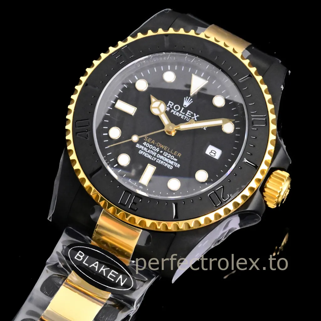 ALT: Rolex Sea-Dweller 4000 black-and-gold watch with black dial, ceramic bezel, luminous markers, date window, and two-tone bracelet.